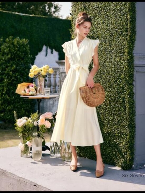 Viscose Polyester Flowing A-Line Midi Dress with Waist Tie - Picture 3 of 7